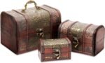 Juvale Set of 3 Small Wooden Treasure Chest Boxes with Flower Motif, Decorative Vintage Style Trunks for Jewelry Keepsakes (3 Sizes)